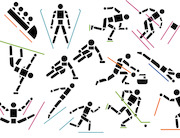 Colorful pictogram-style stick figures depicting various Winter Olympics sports including bobsled, skiing, skating, curling, and hockey.