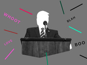Editorial illustration of a faceless figure at a podium with colorful lines and reaction words like WHOOT, LOVE, BLAH, and BOO scattered around.
