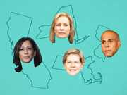 Editorial illustration showing faces of four US senators overlaid on outline maps of their home states California, New York, Massachusetts, and New Jersey.