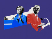 Editorial illustration showing two politicians, one in blue and one in red, overlaid on the outline of Massachusetts state map against a purple background.