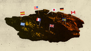 Editorial illustration showing a rocky terrain with flags of multiple countries including the US, Japan, Germany, Canada, Sweden, UK, France, Spain, and Greece planted on it.