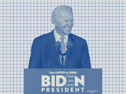 Blue-tinted editorial illustration of Joe Biden smiling at a podium with a Biden for President campaign sign on a grid background.
