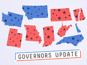 Editorial illustration showing red and blue star-patterned US state silhouettes scattered on a light background with the text Governors Update.