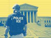 Stylized blue-tinted editorial illustration of an ICE police officer standing before the US Supreme Court building on a yellow background.