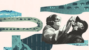 Editorial collage illustration showing a healthcare worker administering a COVID-19 nasal swab test alongside aerial views of cars queued at drive-through testing sites.