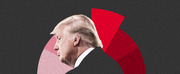 Editorial illustration showing a side profile of Donald Trump overlaid with red and pink pie chart or arc shapes on a dark background.