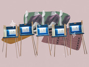 Editorial collage illustration showing multiple voting booths with raised hands and a ballot sheet, evoking themes of elections and voting.