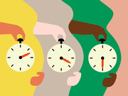 Colorful editorial illustration of three pregnant figures of different skin tones each holding a stopwatch, symbolizing biological clocks and pregnancy timing.