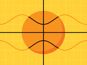 Decorative editorial illustration of a basketball centered on a yellow grid background with sine wave curves extending horizontally.