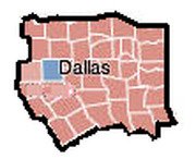 A simple map showing Dallas highlighted within what appears to be its surrounding county or metropolitan region, with a pink/salmon color scheme.