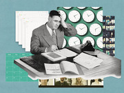 Editorial collage illustration depicting workplace overload with a stressed businessman at a desk surrounded by clocks, emails, a calendar, and video call participants.