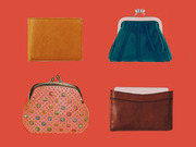 Four wallets and coin purses arranged on a red background: a yellow bifold wallet, a teal clasp purse, a pink beaded coin purse, and a brown card holder.