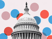 Editorial illustration of the US Capitol dome in black and white surrounded by red, blue, and pink circles on a light pink background.