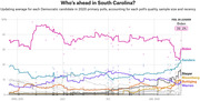 Line chart showing polling averages for Democratic 2020 primary candidates in South Carolina from April 2019 to February 2020, with Biden leading at 30.2%.