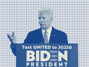 Blue-tinted editorial illustration of Joe Biden speaking at a campaign podium with a grid background, used as article art.