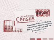 Editorial illustration featuring the US Census Bureau logo, an abacus, number dials, and text about an executive order on collecting citizenship status data for the decennial census.