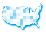 Choropleth map of the United States showing states filled with varying shades of blue in a checkerboard-like pattern, with no labels or legend visible.