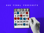 Editorial illustration showing a bingo card with colored markers on a purple background, titled Our Final Forecasts.