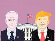 Editorial cartoon illustration of Joe Biden and Donald Trump standing in front of the White House with an American flag, on a pink background.