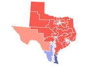Choropleth map of Texas congressional districts colored in shades of red and blue indicating Republican and Democratic lean by district.