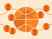 Editorial illustration showing a basketball at center with silhouetted player icons connected by flowing lines, representing player trades or team connections.
