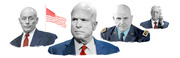 Editorial illustration showing four men in suits and military uniforms alongside an American flag, rendered in a stylized black-and-white with selective color treatment.