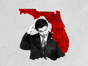 Editorial illustration showing a black-and-white figure of a man at a podium overlaid on a red silhouette of the state of Florida filled with newspaper text.