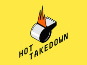 Logo for FiveThirtyEight's Hot Takedown podcast featuring a flaming whistle illustration on a yellow background with bold black text.