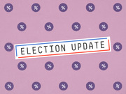 Decorative editorial graphic reading Election Update in a bordered label on a pink background with purple percentage sign circles.