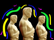 Three Oscar statuettes on a black background surrounded by colorful painted brushstroke confetti in yellow, green, blue, and pink.