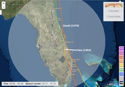 Satellite map of Florida showing hurricane tracks for David (1979) and Cleo (1964) along the east coast, with a search radius circle and hurricane intensity legend.