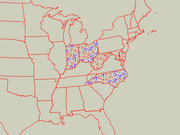 US map showing eastern states with red and blue directional arrows overlaid on several states including Ohio, Indiana, West Virginia, Virginia, and North Carolina.