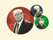 Editorial illustration showing three world leaders in circular portraits: a large red circle with Trump unmasked, and two smaller circles showing Boris Johnson and Bolsonaro wearing face masks.