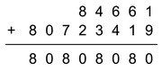 Large-format arithmetic addition showing 84661 plus 80723419 equals 80808080, displayed in bold digits with a horizontal rule.