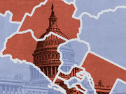 Editorial illustration of the US Capitol building rendered in red and blue tones with jagged white lines suggesting division or fracture.