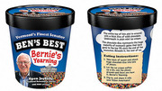 Illustrated mock Ben & Jerry's ice cream pint labeled Bernie's Yearning, showing front and back of the container with Bernie Sanders imagery and satirical text.
