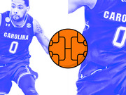 Editorial illustration showing two blue-tinted Carolina basketball players flanking a stylized orange basketball with bracket-like seam pattern.