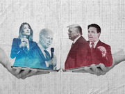 Editorial illustration showing two hands holding tablets with blue-tinted Democratic candidates and red-tinted Republican candidates emerging from the screens, set against a binary code background.
