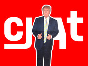 Editorial illustration of a cutout figure of Donald Trump giving thumbs up against a red background with large white letters partially visible.