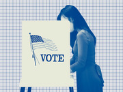 Blue-tinted editorial illustration of a woman standing at a voting booth with an American flag and the word VOTE on a grid background.