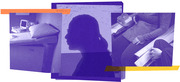 A purple-tinted editorial collage of three photos showing a prison cell, a woman's silhouette in profile, and a person sitting with clasped hands.