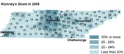 Choropleth map of Tennessee counties showing Romney's share of the vote in 2008 Republican primary, with numerical values and a four-level shading legend.