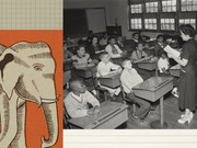 Editorial composite image combining an illustrated elephant on orange background with a vintage black-and-white photo of a racially integrated classroom with a teacher and students at desks.
