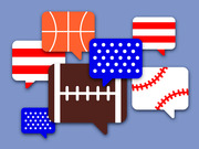 Editorial illustration showing speech bubble shapes decorated with sports and American flag patterns including basketball, football, baseball, and stars and stripes.