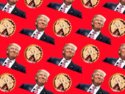 Repeating pattern of Donald Trump's face and cherry pies on a red background, used as decorative editorial art.