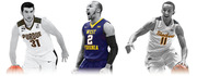 Editorial illustration of three college basketball players in Purdue number 31, West Virginia number 2, and Wichita State Shockers number 11 uniforms.