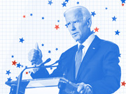 Blue-tinted editorial illustration of a man speaking at a podium with a thumbs up gesture, surrounded by red and blue stars on a grid background.