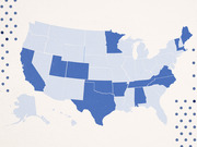 Choropleth map of the United States with select states highlighted in dark blue against a light blue background, with decorative dot patterns on the sides.