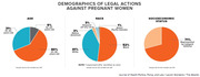 Three pie charts showing demographics of legal actions against pregnant women by age, race, and socioeconomic status.