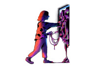 Editorial illustration of a person reaching into a melting, dripping screen or portal, rendered in purple and red tones.